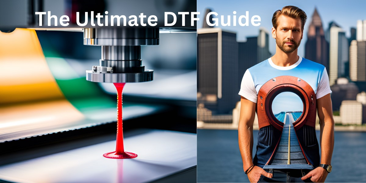 DTF printer and a man wearing a DTF-designed t-shirt