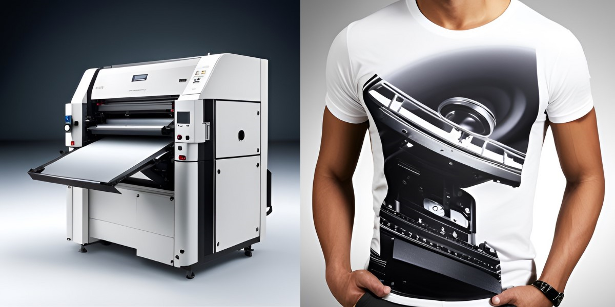 A white DTF printer and a man wearing a designed t-shirt