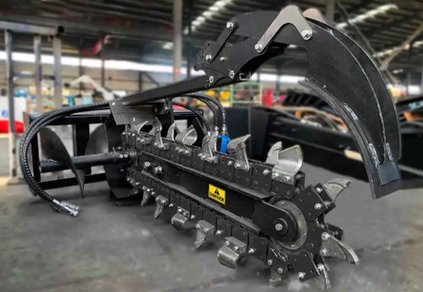 Skid steer trench attachment in a factory 