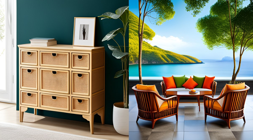 Indoor rattan cabinet and outdoor rattan chairs