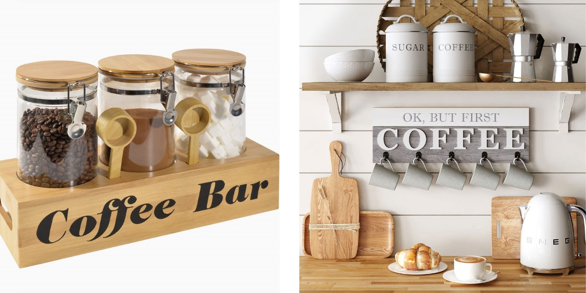 A modern coffee bar with hanging mugs, shelving, and jars